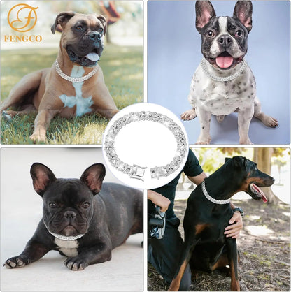 Luxury Diamond Cuban Link Dog Collar - 13mm Wide Silver Chain Necklace for Small to Large Dogs & Cats (16 Inch)
