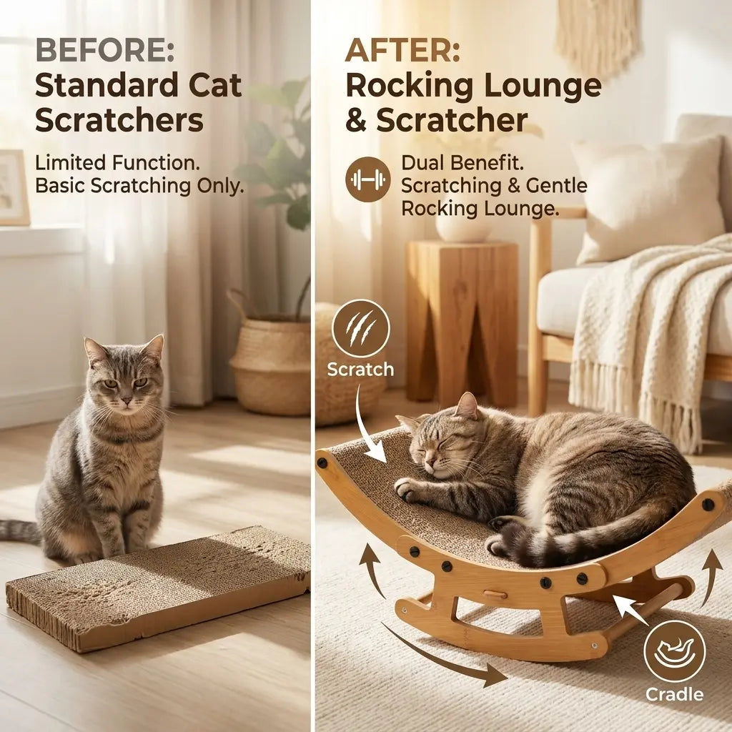 Elegant Bohemian Cat Scratcher Lounge Bed with Solid Wood Frame - 2-in-1 Rocking and Scratching Function for Indoor Cats, Anti-Anxiety Design, Non-Shedding Comfort for Medium to Large Cats and Kittens