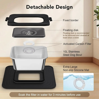 Premium Stainless Steel Dog Water Bowl Set - 7L & 10L Capacity with Anti-Splash Design, XXL Silicone Mat, and Spill-Proof Slow Feeder for Indoor and Outdoor Use, Featuring Double Anti-Skid Technology