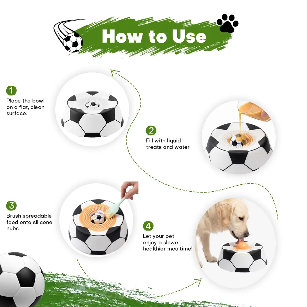 Pawpace Soccer Style Multi-Purpose Dog Bowl Set - Includes Free Peanut Butter Spatula, Slow Feeder, Lick Bowl Mat, 8 Suction Cups & No-Mess Liquid Treat Enrichment!