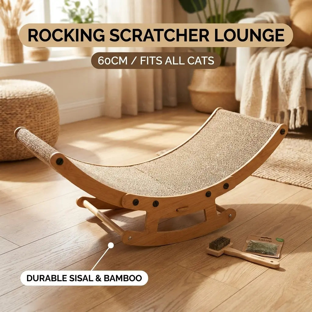 Elegant Bohemian Cat Scratcher Lounge Bed with Solid Wood Frame - 2-in-1 Rocking and Scratching Function for Indoor Cats, Anti-Anxiety Design, Non-Shedding Comfort for Medium to Large Cats and Kittens