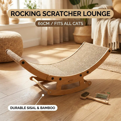 Elegant Bohemian Cat Scratcher Lounge Bed with Solid Wood Frame - 2-in-1 Rocking and Scratching Function for Indoor Cats, Anti-Anxiety Design, Non-Shedding Comfort for Medium to Large Cats and Kittens