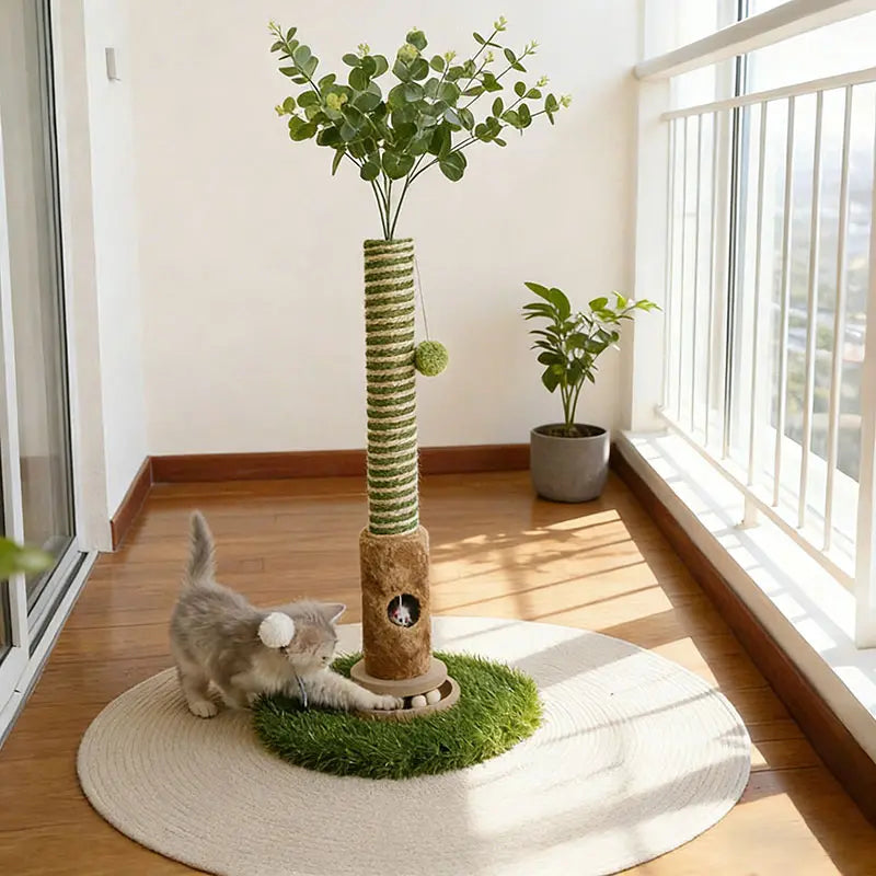 39-Inch Interactive Cat Scratching Post with Artificial Eucalyptus Leaves - 4-in-1 Cat Tree Tower with Toy Balls and Sisal Rope - Modern Indoor Pet Furniture for Living Room