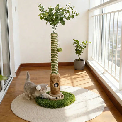 39-Inch Interactive Cat Scratching Post with Artificial Eucalyptus Leaves - 4-in-1 Cat Tree Tower with Toy Balls and Sisal Rope - Modern Indoor Pet Furniture for Living Room