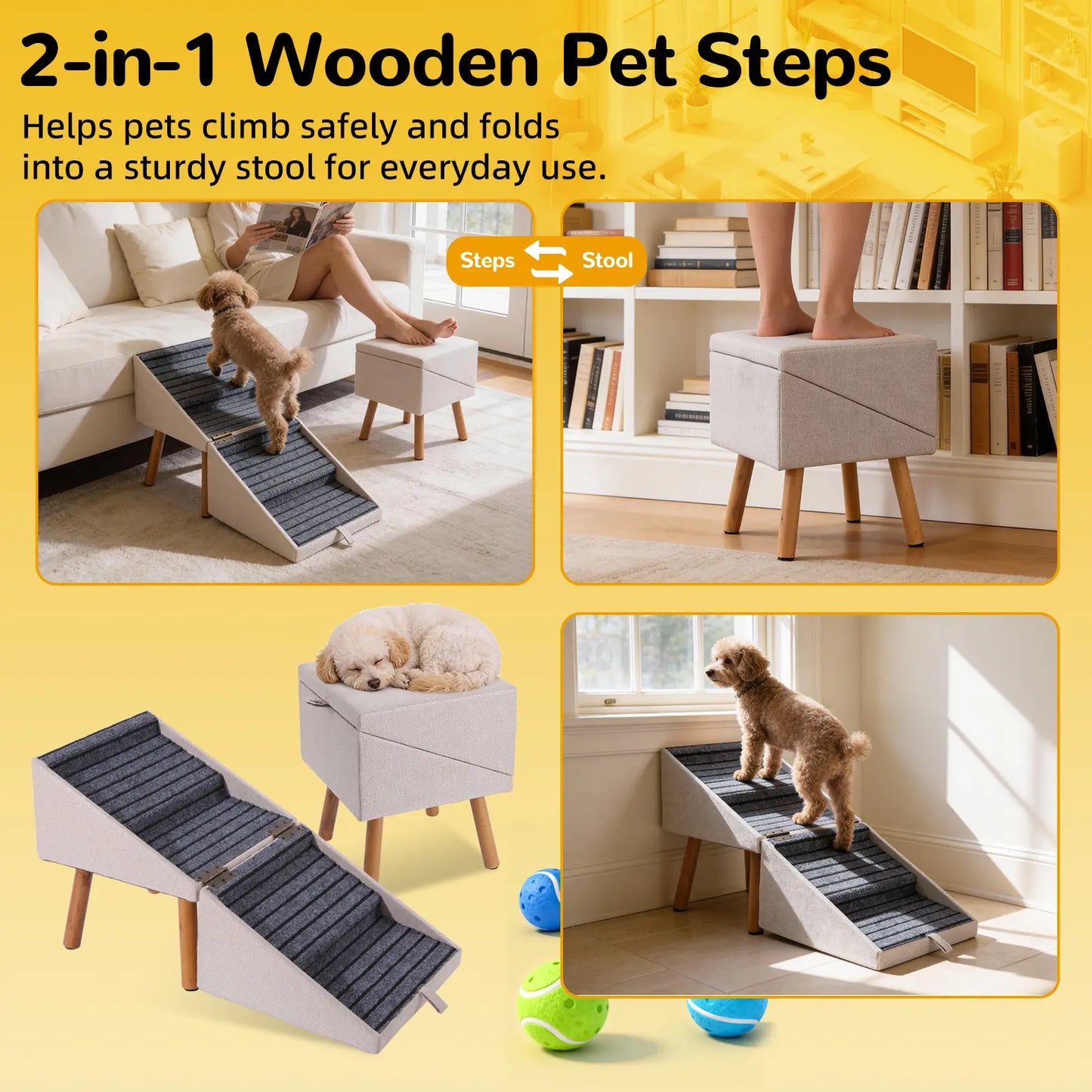 17-Inch Wooden Dog Ramp and Stairs for Couch | Ziluce Convertible Step Stool for Small to Medium Dogs, Including Dachshunds and Senior Pets | Ideal for Sofas and Short Beds