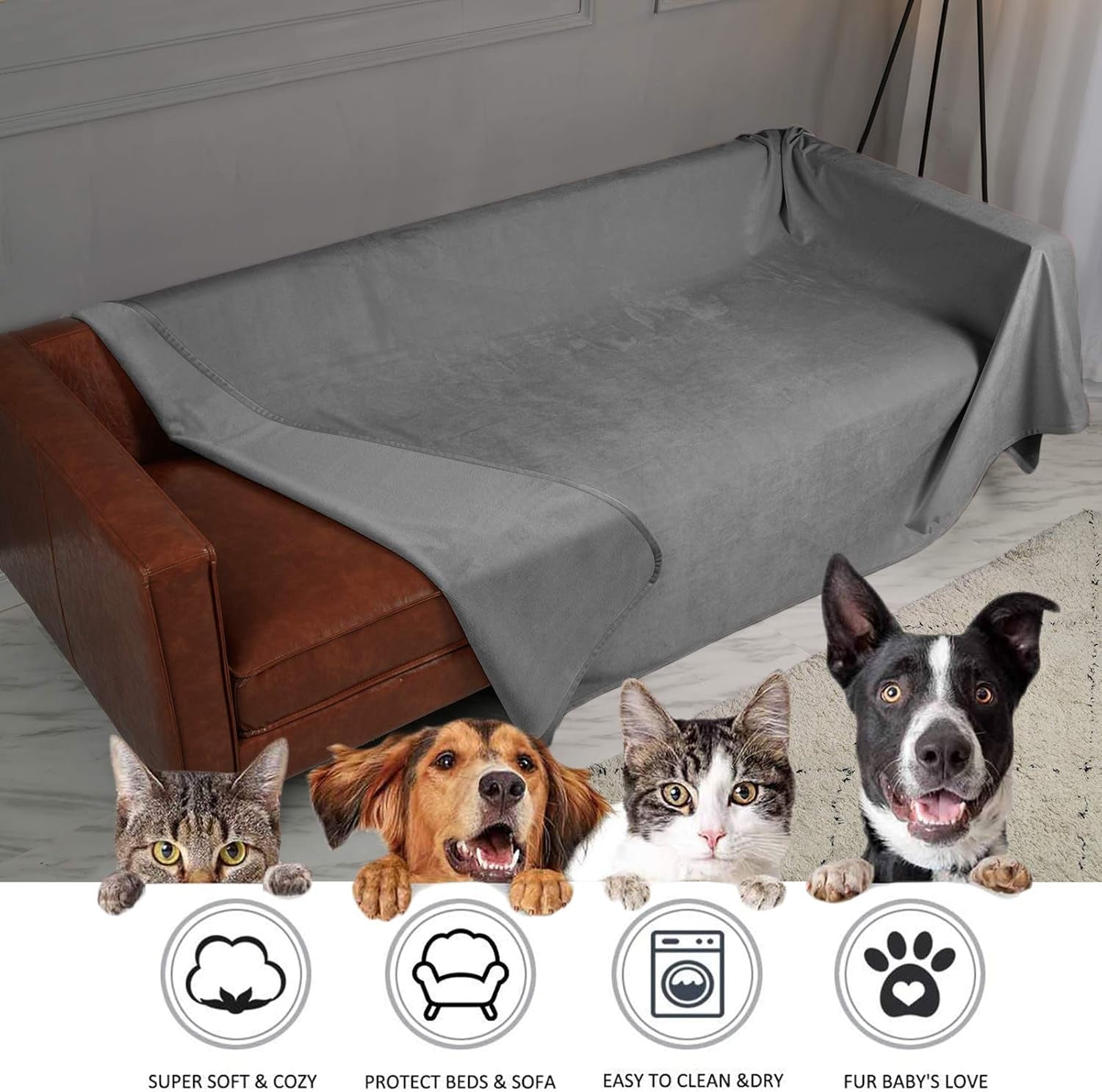 Reversible 100% Waterproof Velvet Pet Bed Blanket - Ultra Soft for Sofa and Bed (40x60 Inches, Light Grey & Grey)