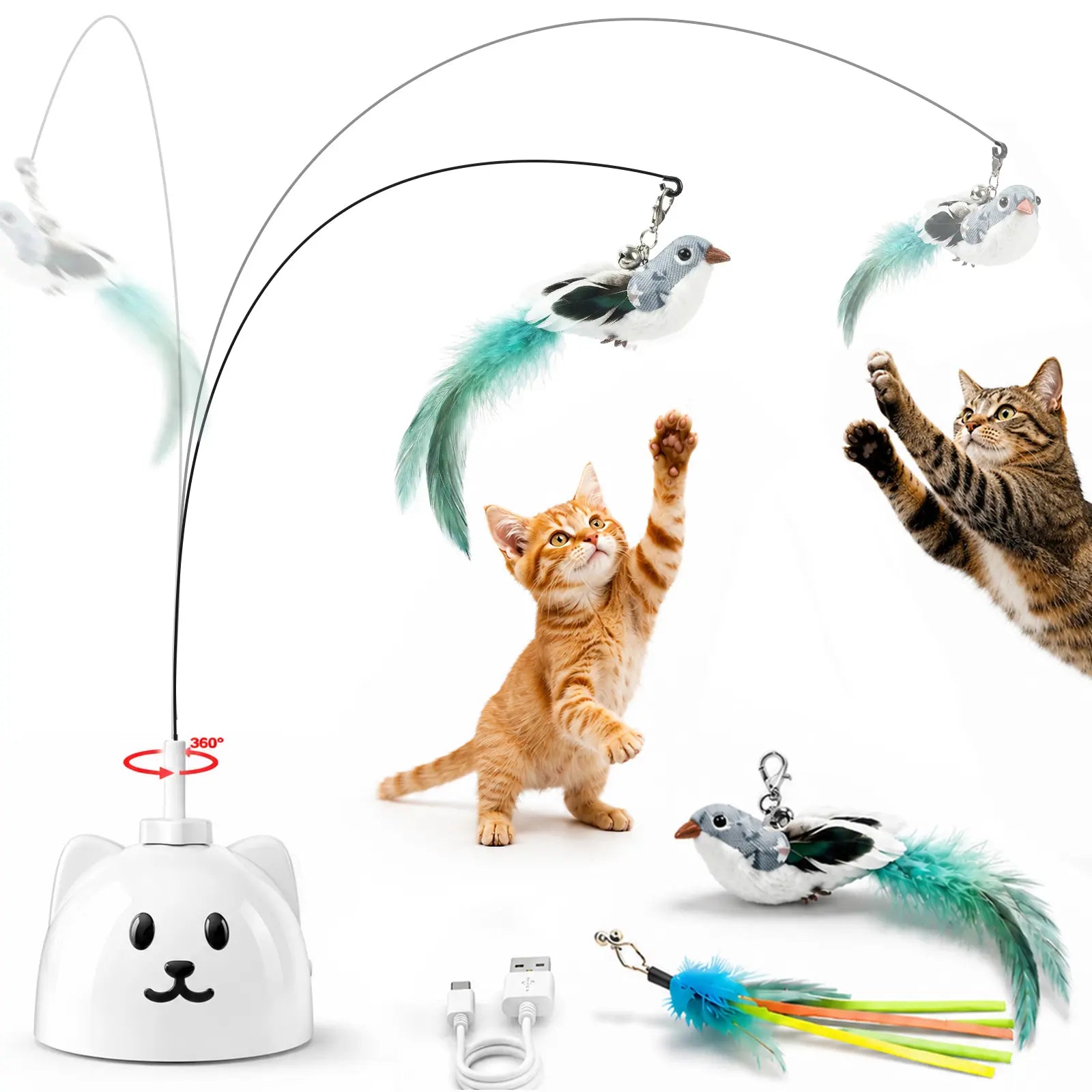 Interactive Automatic Feather Cat Toy for Indoor Use - USB Rechargeable, 360° Rotating, Sensor-Activated Puzzle Toy with Suction Cup Base