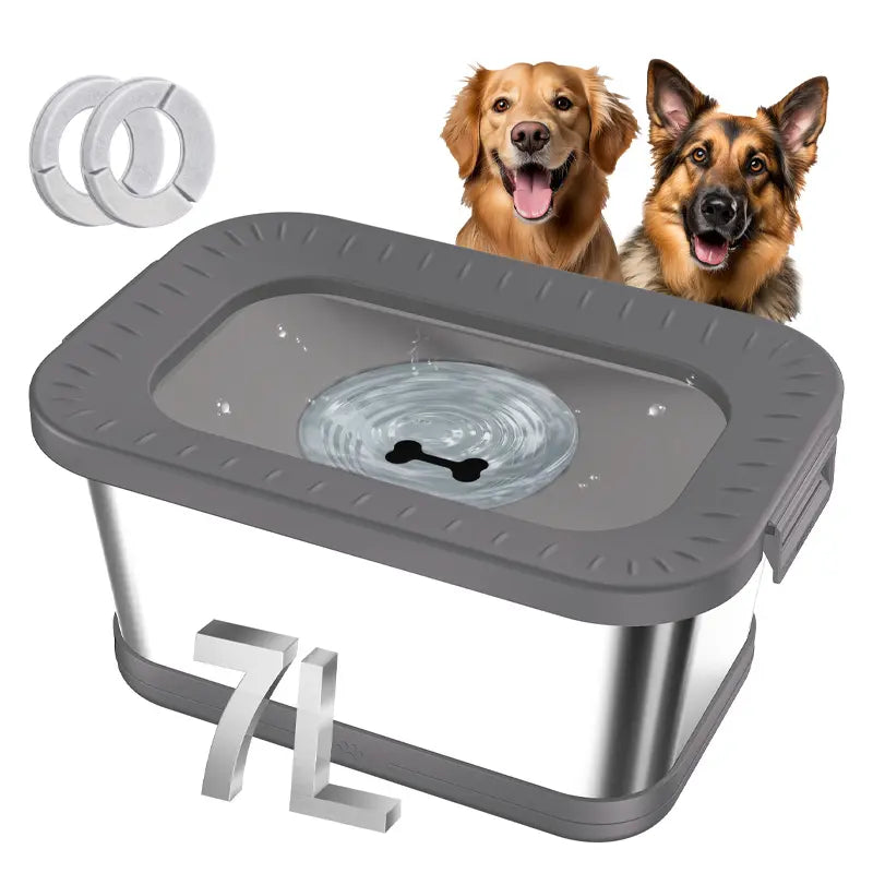 Premium Stainless Steel Dog Water Bowl Set - 7L & 10L Capacity with Anti-Splash Design, XXL Silicone Mat, and Spill-Proof Slow Feeder for Indoor and Outdoor Use, Featuring Double Anti-Skid Technology