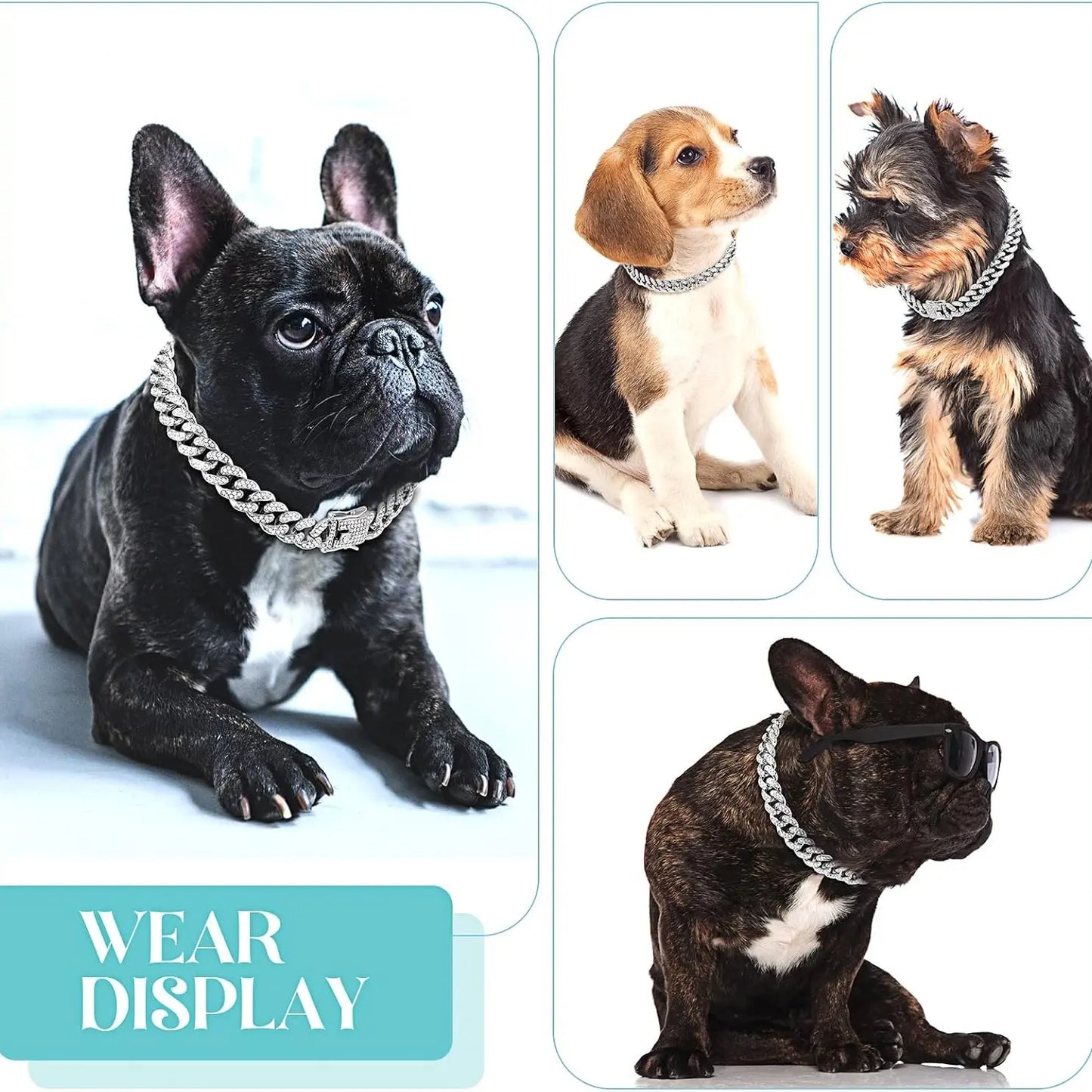 Luxury Diamond Cuban Link Dog Collar - 13mm Wide Silver Chain Necklace for Small to Large Dogs & Cats (16 Inch)
