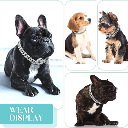 Luxury Diamond Cuban Link Dog Collar - 13mm Wide Silver Chain Necklace for Small to Large Dogs & Cats (16 Inch)