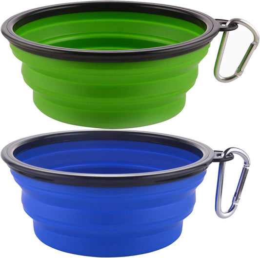 Large Collapsible Dog Bowls - 34oz Portable Travel Water and Food Dishes with Carabiner Clip, Set of 2 (Green and Blue)
