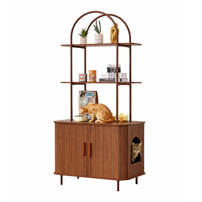 Giratree Sophisticated Cat Litter Box Enclosure with Dual Storage Shelves and Sliding Door, Spacious Curved Indoor Cat House