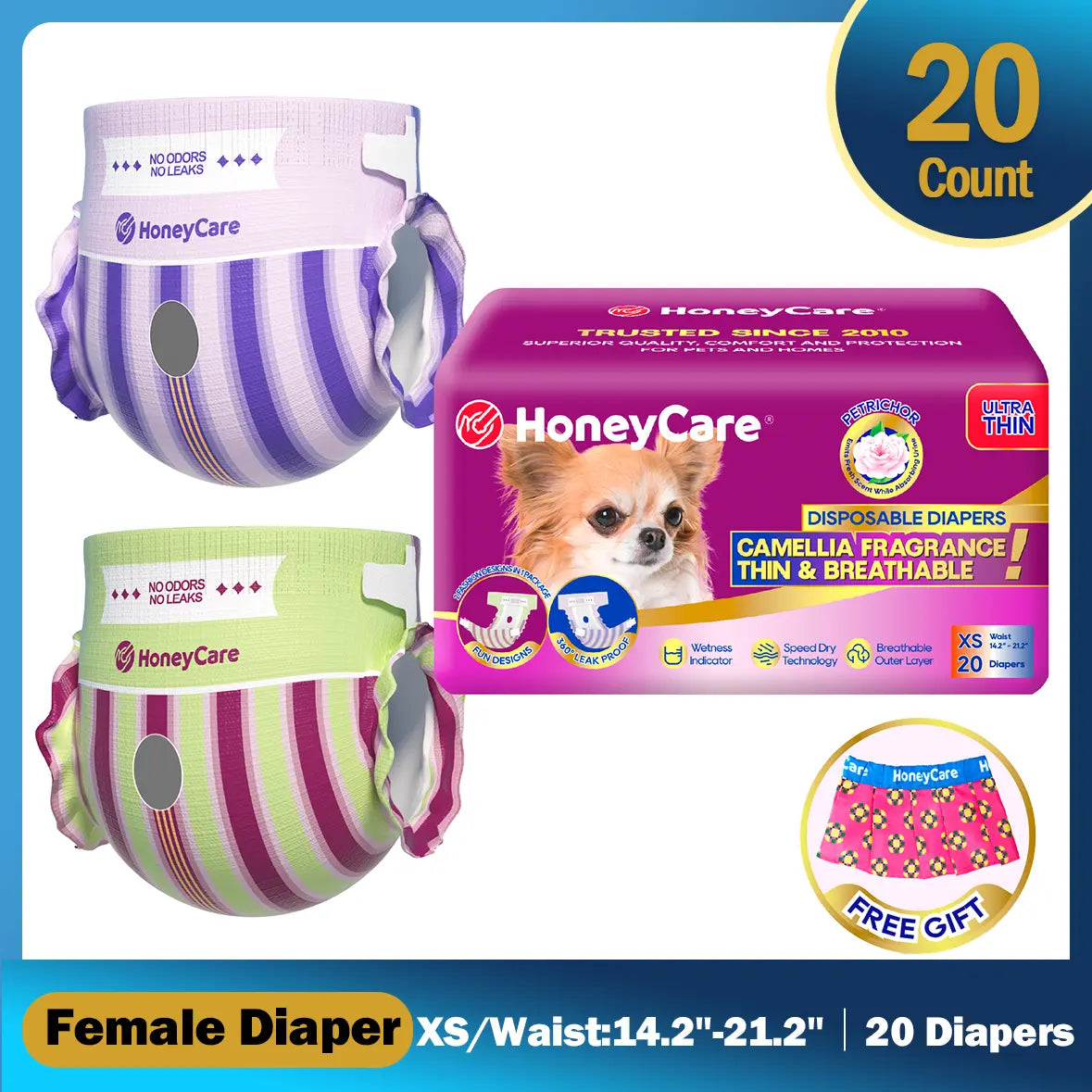 Honeycare Disposable Dog Diapers for Male and Female - Puppy Training Wraps with Stretchy Fabric, 360-Degree Leak-Proof Design, Super Absorbent and Breathable Material, Wetness Indicator, and Adjustable Suspenders for Effective Toilet Training