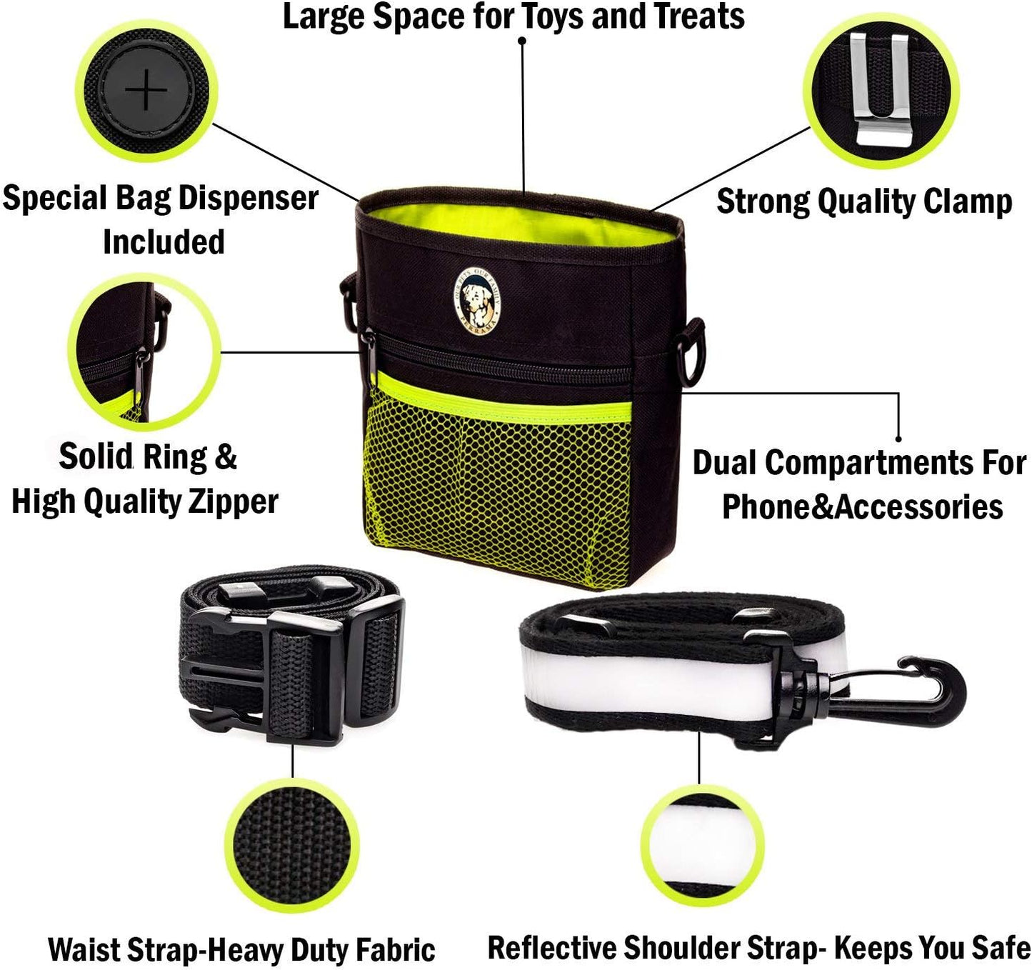 Dog Training and Walking Treat Pouch with Poop Bag Dispenser, Pro Clicker, Collapsible Travel Bowl, and Reflective Shoulder Strap - Black/Green