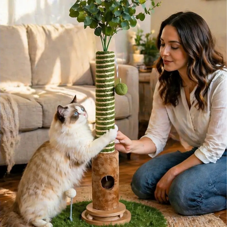 39-Inch Interactive Cat Scratching Post with Artificial Eucalyptus Leaves - 4-in-1 Cat Tree Tower with Toy Balls and Sisal Rope - Modern Indoor Pet Furniture for Living Room
