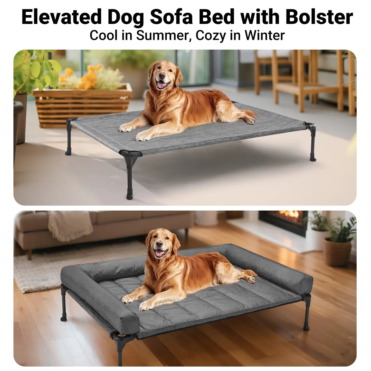 VEEHOO Orthopedic Elevated Pet Bed - Joint Support and Anxiety Relief Dog Couch with Soft Bolster Cushion for Healthy Sleep, Breathable Mesh, and Washable Cover