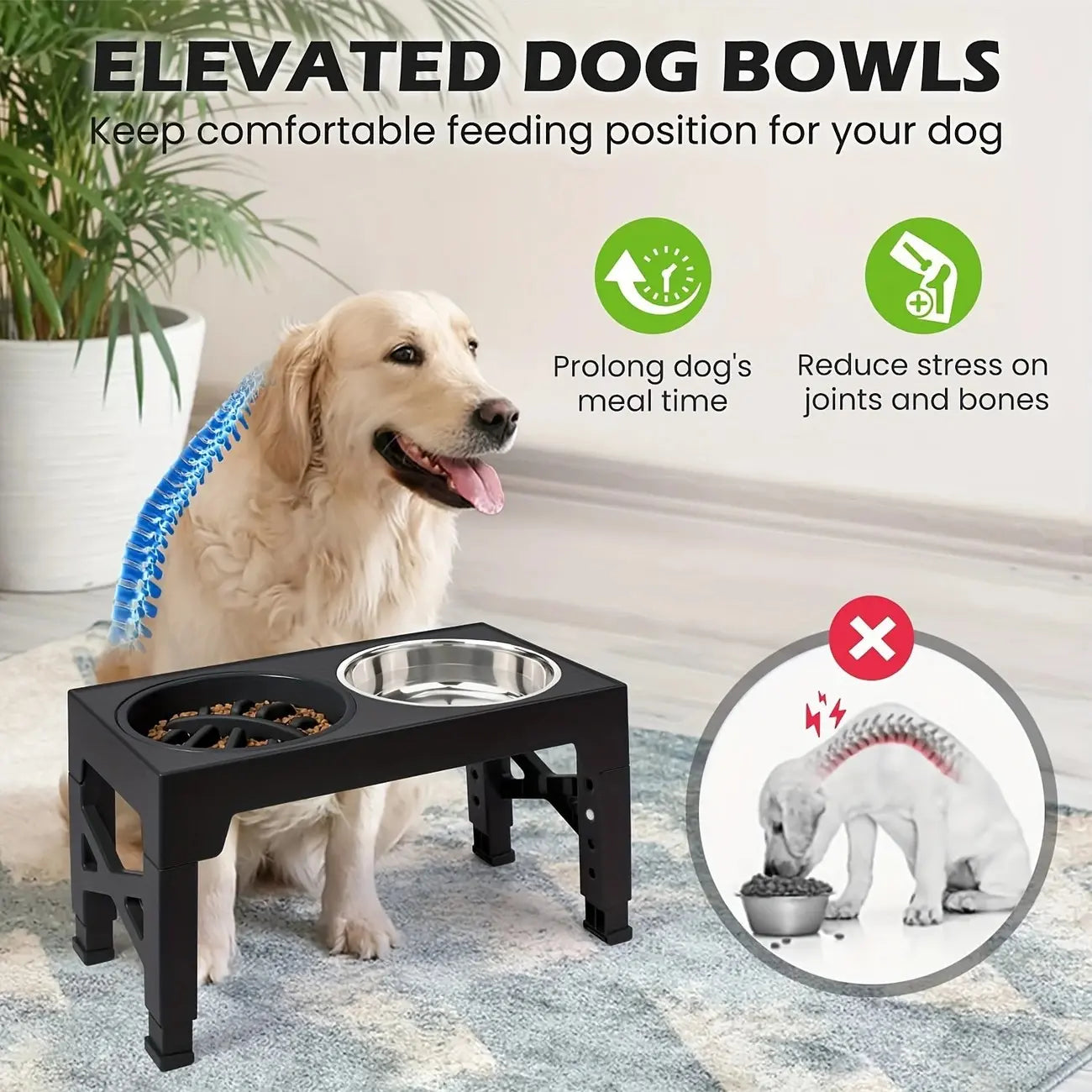 Adjustable Elevated Dog Bowl Stand with 2 Stainless Steel Bowls and 1 Slow Feeder, Height Adjustable from 3.2" to 12.2" for Small, Medium, and Large Dogs