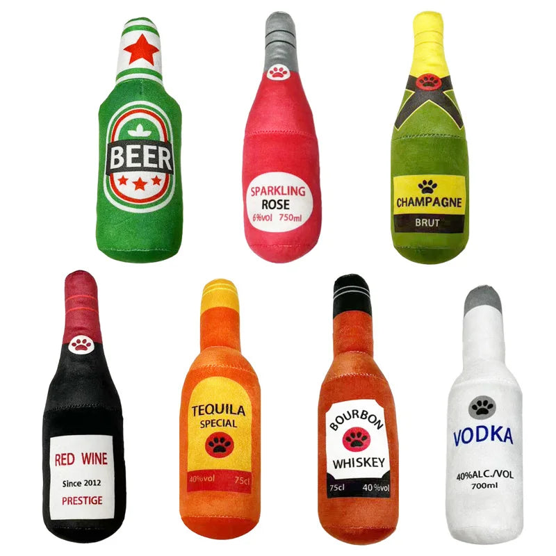 Plush Interactive Dog Toys - Beer Bottle Shape for Small and Large Dogs, Squeaky Sound, Dental Chew, and Play Supplies