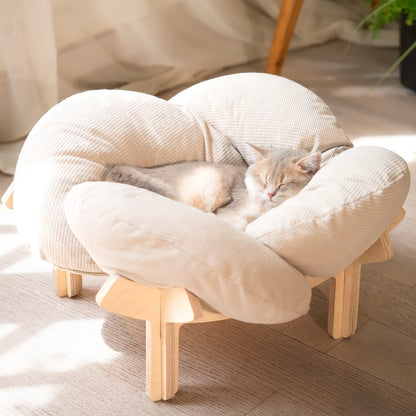 Elevated Wooden Cat Bed with Cushion - Fluffy Pet Sofa for Indoor Cats and Dogs, Raised Lounge Chair, Large Size Cat Furniture
