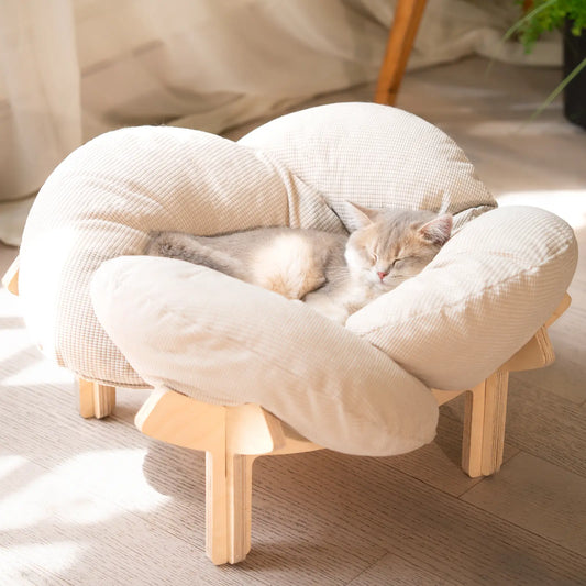 Elevated Wooden Cat Bed with Cushion - Fluffy Pet Sofa for Indoor Cats and Dogs, Raised Lounge Chair, Large Size Cat Furniture