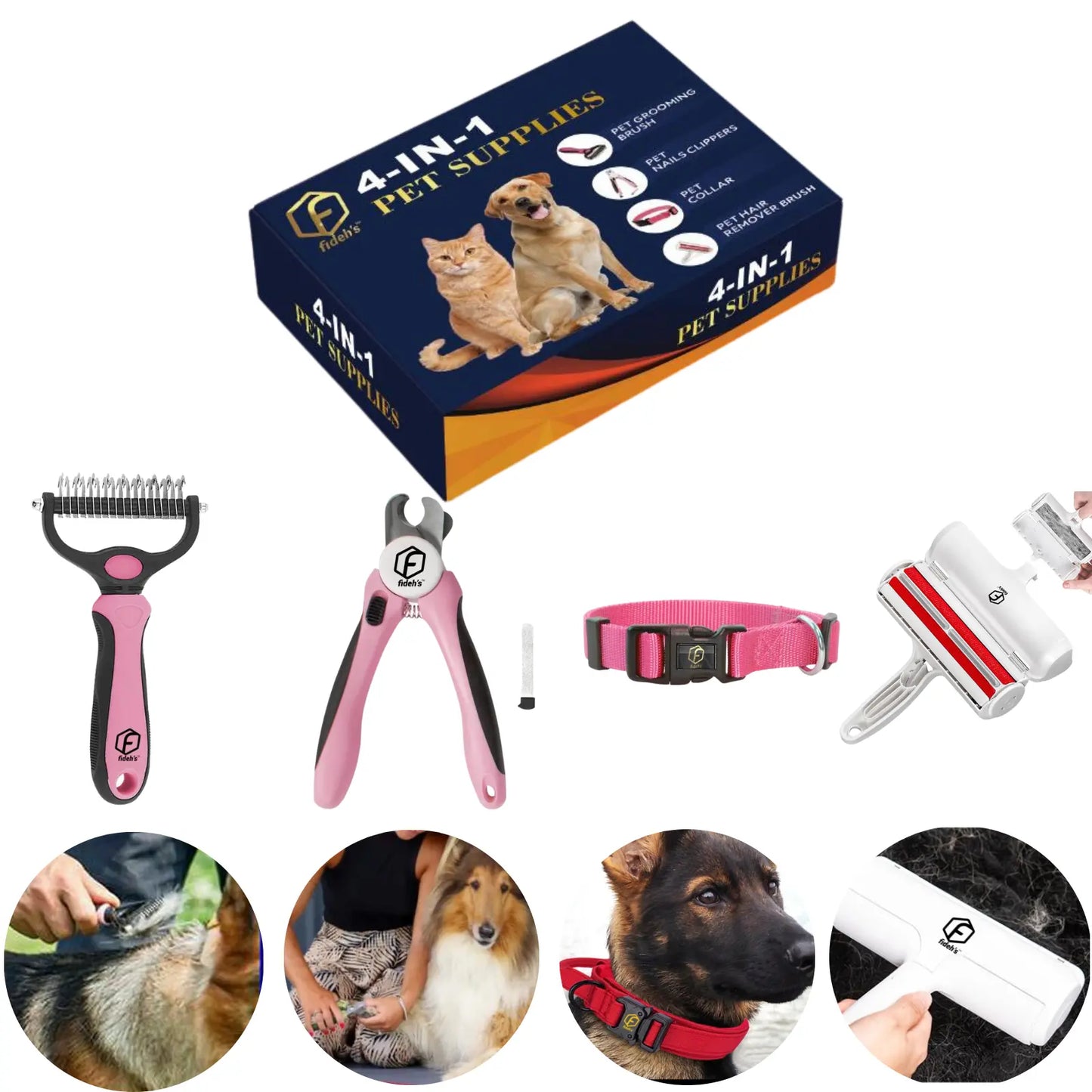 Ultimate 4-in-1 Pet Grooming Kit: Reusable Hair Remover, Double-Sided Shedding Brush, Nail Clippers, and Stylish Nylon Collar for Medium Dogs - Pink
