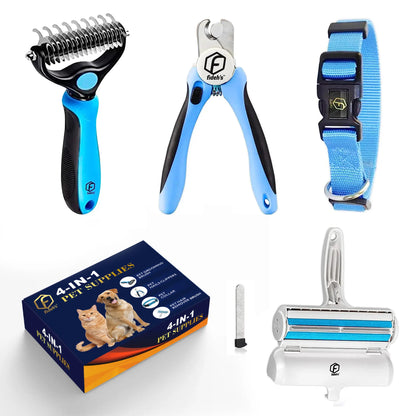 Ultimate 4-in-1 Pet Grooming Kit: Reusable Hair Remover, Double-Sided Shedding Brush, Nail Clippers, and Stylish Nylon Collar for Medium Dogs - Pink