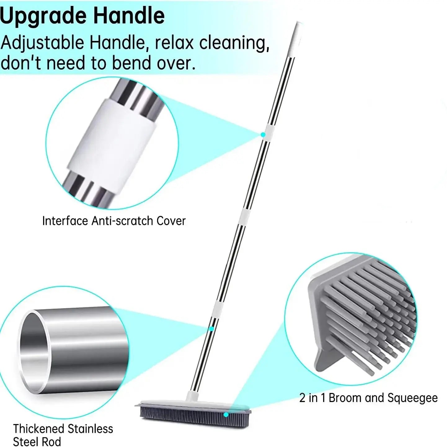 Adjustable 2-in-1 Broom with Squeegee Edge and Soft Rubber Bristles for Indoor and Outdoor Cleaning, Ideal for Pet Hair Removal and Housekeeping Tasks