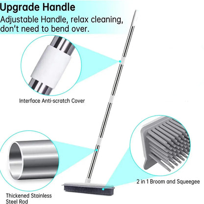 Adjustable 2-in-1 Broom with Squeegee Edge and Soft Rubber Bristles for Indoor and Outdoor Cleaning, Ideal for Pet Hair Removal and Housekeeping Tasks