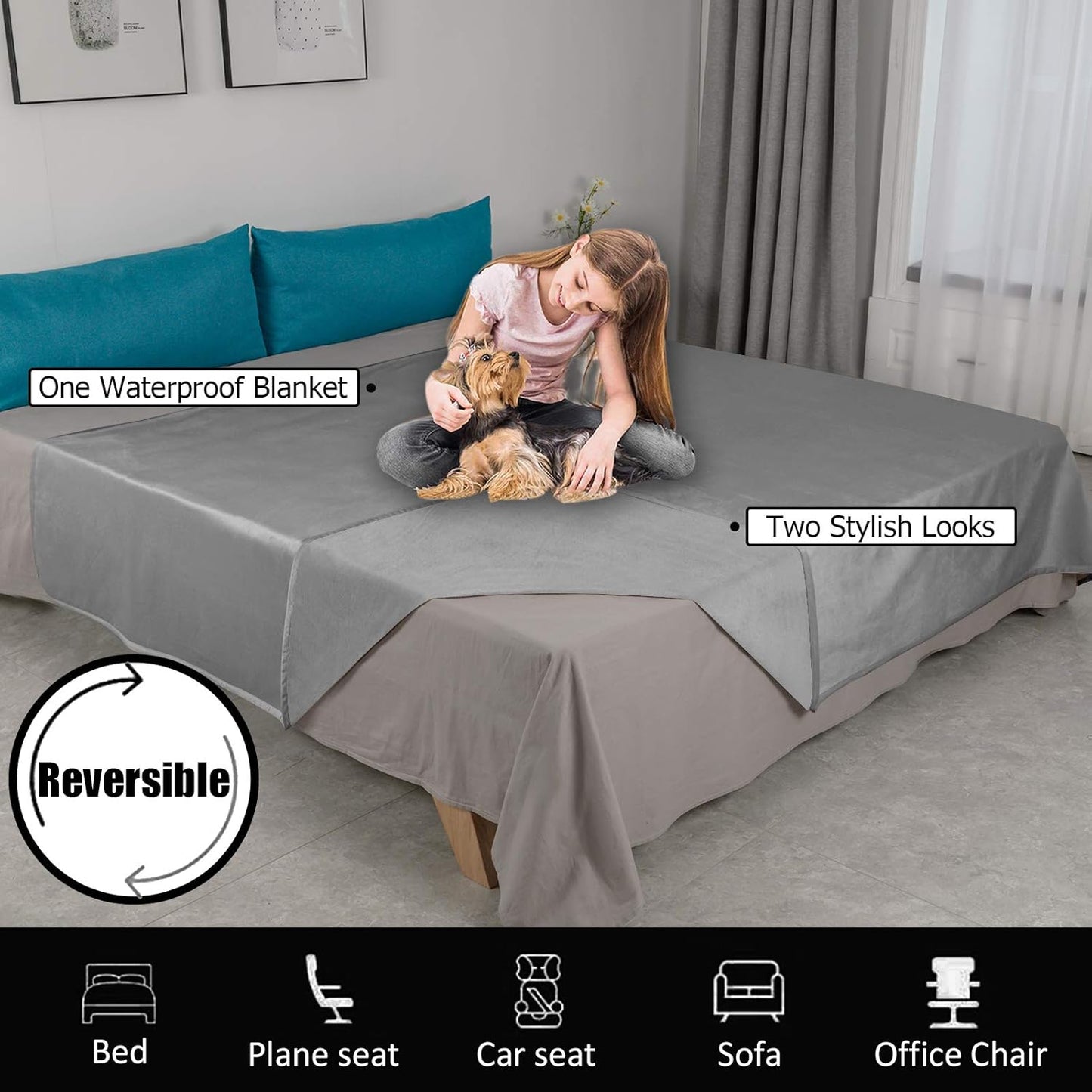 Reversible 100% Waterproof Velvet Pet Bed Blanket - Ultra Soft for Sofa and Bed (40x60 Inches, Light Grey & Grey)