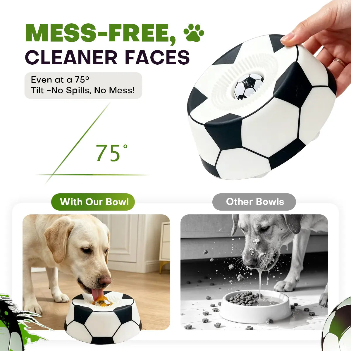 Pawpace Soccer Style Multi-Purpose Dog Bowl Set - Includes Free Peanut Butter Spatula, Slow Feeder, Lick Bowl Mat, 8 Suction Cups & No-Mess Liquid Treat Enrichment!
