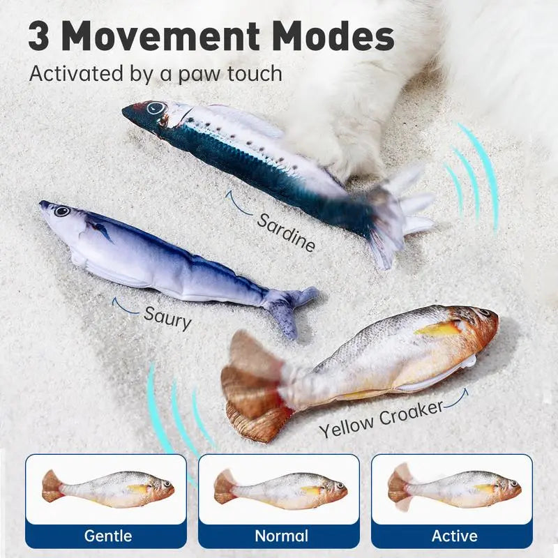 Ultra-Realistic Interactive Cat Toy Set - 3-Pack Flopping Fish with Tap-Activated Flapping Modes, Catnip, and Rechargeable Features - Includes Sardine, Saury, and Yellow Croaker (7.1 Inches)