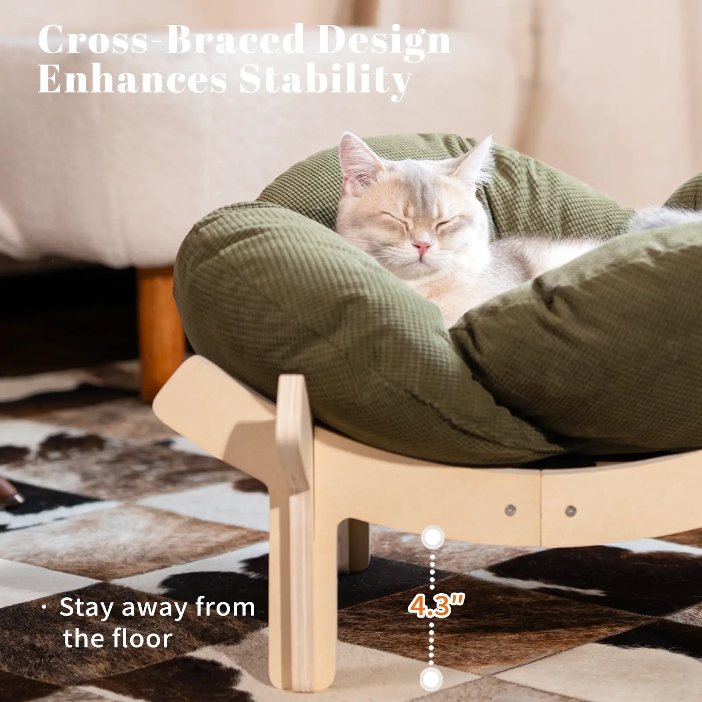 Elevated Wooden Cat Bed with Cushion - Fluffy Pet Sofa for Indoor Cats and Dogs, Raised Lounge Chair, Large Size Cat Furniture