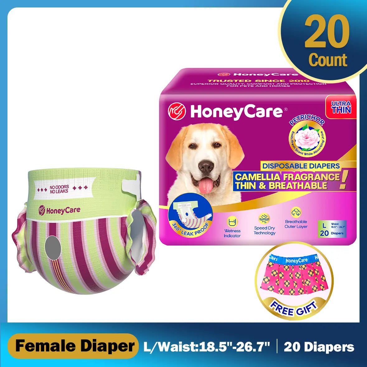 Honeycare Disposable Dog Diapers for Male and Female - Puppy Training Wraps with Stretchy Fabric, 360-Degree Leak-Proof Design, Super Absorbent and Breathable Material, Wetness Indicator, and Adjustable Suspenders for Effective Toilet Training