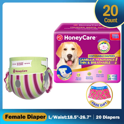 Honeycare Disposable Dog Diapers for Male and Female - Puppy Training Wraps with Stretchy Fabric, 360-Degree Leak-Proof Design, Super Absorbent and Breathable Material, Wetness Indicator, and Adjustable Suspenders for Effective Toilet Training