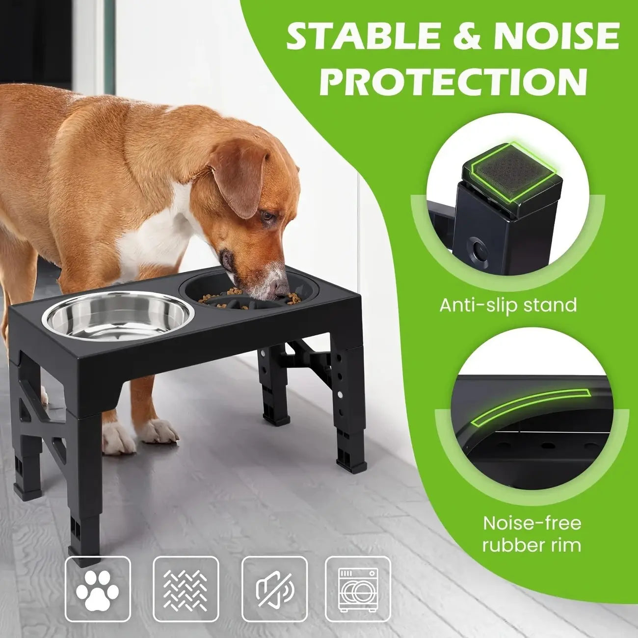 Adjustable Elevated Dog Bowl Stand with 2 Stainless Steel Bowls and 1 Slow Feeder, Height Adjustable from 3.2" to 12.2" for Small, Medium, and Large Dogs