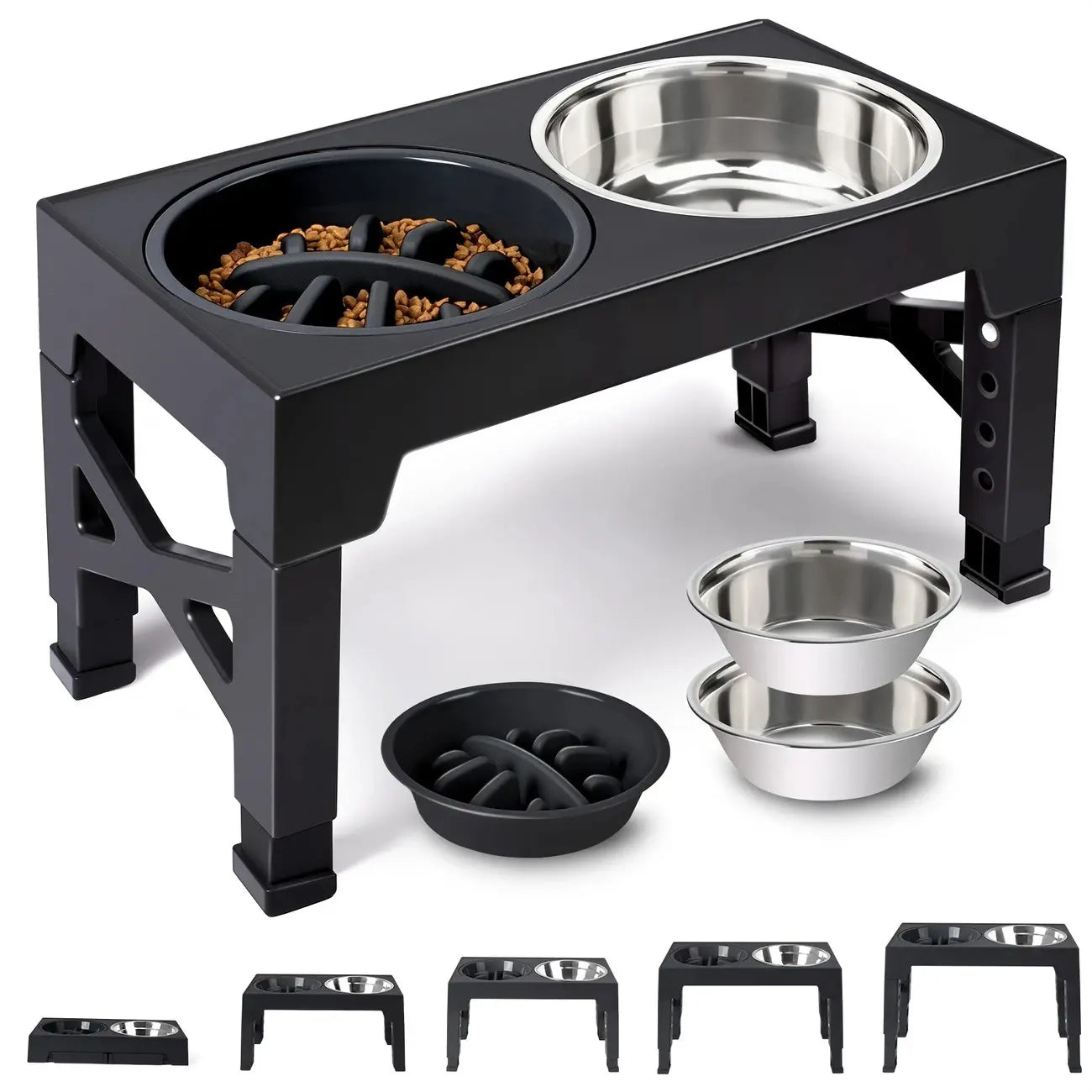 Adjustable Elevated Dog Bowl Stand with 2 Stainless Steel Bowls and 1 Slow Feeder, Height Adjustable from 3.2" to 12.2" for Small, Medium, and Large Dogs