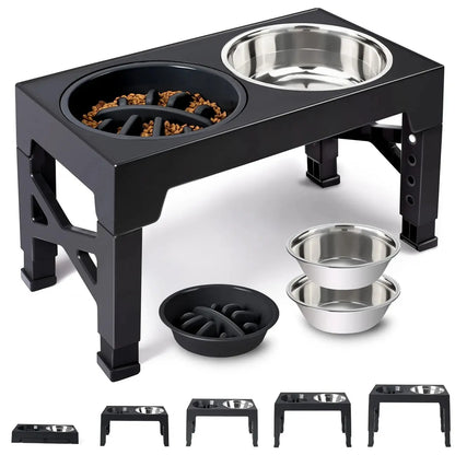 Adjustable Elevated Dog Bowl Stand with 2 Stainless Steel Bowls and 1 Slow Feeder, Height Adjustable from 3.2" to 12.2" for Small, Medium, and Large Dogs