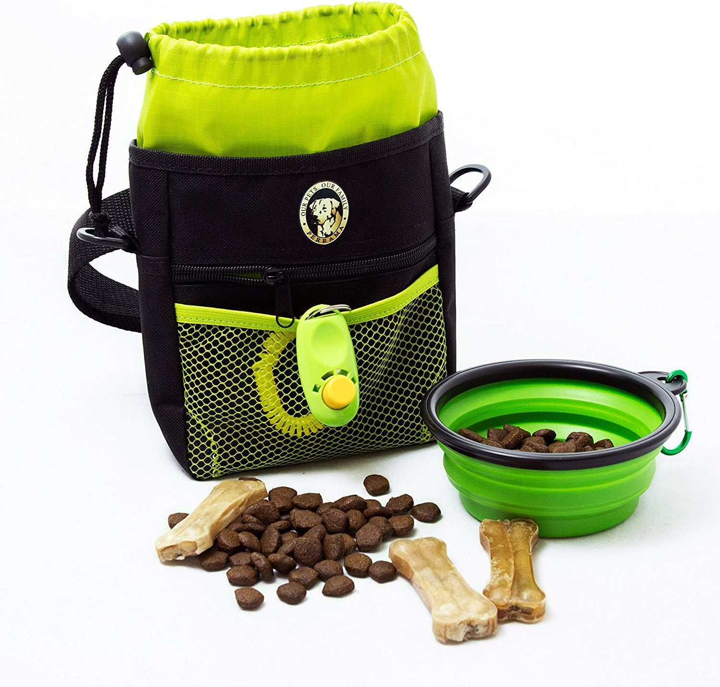 Dog Training and Walking Treat Pouch with Poop Bag Dispenser, Pro Clicker, Collapsible Travel Bowl, and Reflective Shoulder Strap - Black/Green