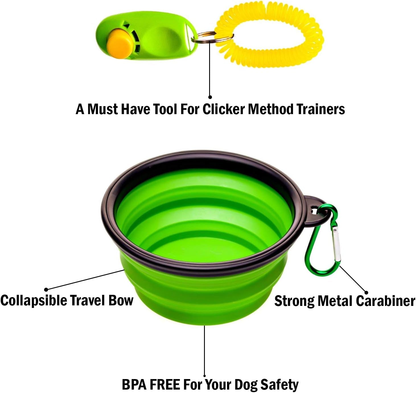 Dog Training and Walking Treat Pouch with Poop Bag Dispenser, Pro Clicker, Collapsible Travel Bowl, and Reflective Shoulder Strap - Black/Green