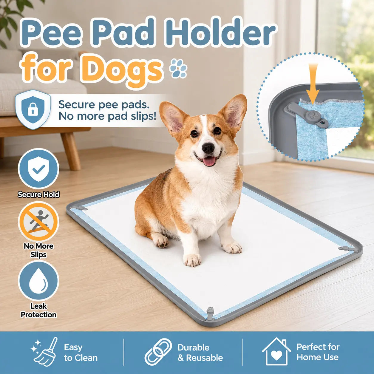 Dog Pee Pad Holder - Non-Slip Silicone Potty Training Tray with Magnetic Clips and Leak-Proof Raised Edge for Indoor Floor Protection
