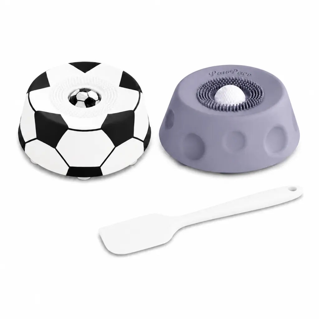 Pawpace Soccer Style Multi-Purpose Dog Bowl Set - Includes Free Peanut Butter Spatula, Slow Feeder, Lick Bowl Mat, 8 Suction Cups & No-Mess Liquid Treat Enrichment!