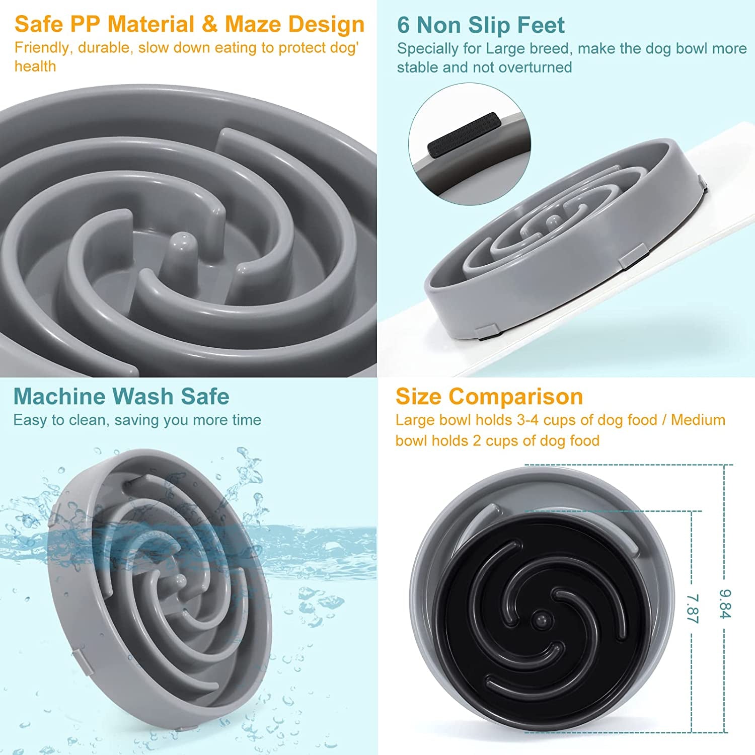 Large Non-Slip Slow Feeder Dog Bowl for Medium to Large Breeds - Interactive Maze Design to Promote Healthy Eating and Prevent Choking, Light Gray