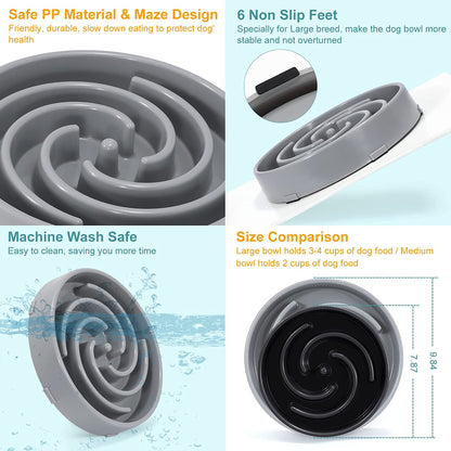 Large Non-Slip Slow Feeder Dog Bowl for Medium to Large Breeds - Interactive Maze Design to Promote Healthy Eating and Prevent Choking, Light Gray