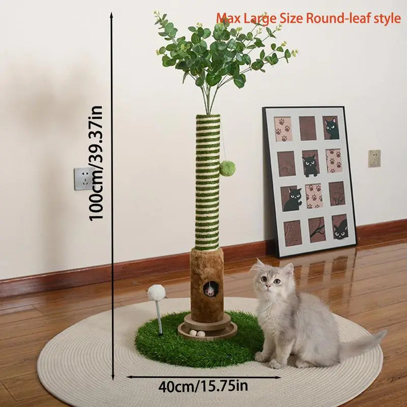 39-Inch Interactive Cat Scratching Post with Artificial Eucalyptus Leaves - 4-in-1 Cat Tree Tower with Toy Balls and Sisal Rope - Modern Indoor Pet Furniture for Living Room