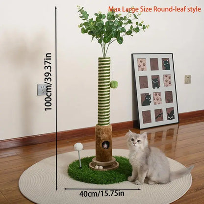 39-Inch Interactive Cat Scratching Post with Artificial Eucalyptus Leaves - 4-in-1 Cat Tree Tower with Toy Balls and Sisal Rope - Modern Indoor Pet Furniture for Living Room