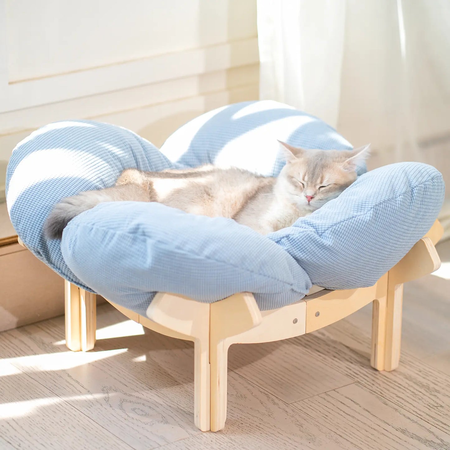 Elevated Wooden Cat Bed with Cushion - Fluffy Pet Sofa for Indoor Cats and Dogs, Raised Lounge Chair, Large Size Cat Furniture
