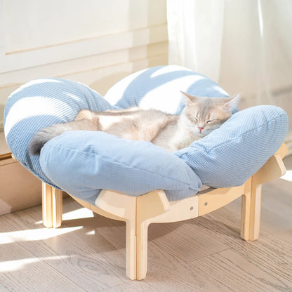 Elevated Wooden Cat Bed with Cushion - Fluffy Pet Sofa for Indoor Cats and Dogs, Raised Lounge Chair, Large Size Cat Furniture