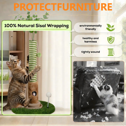 39-Inch Interactive Cat Scratching Post with Artificial Eucalyptus Leaves - 4-in-1 Cat Tree Tower with Toy Balls and Sisal Rope - Modern Indoor Pet Furniture for Living Room