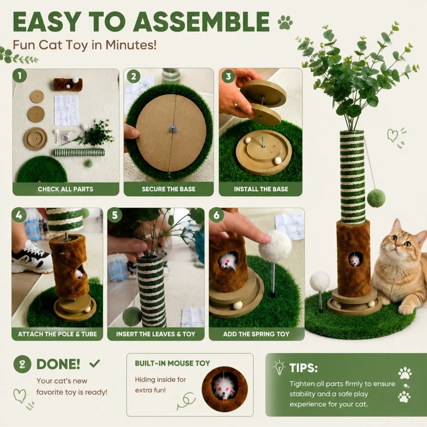 39-Inch Interactive Cat Scratching Post with Artificial Eucalyptus Leaves - 4-in-1 Cat Tree Tower with Toy Balls and Sisal Rope - Modern Indoor Pet Furniture for Living Room