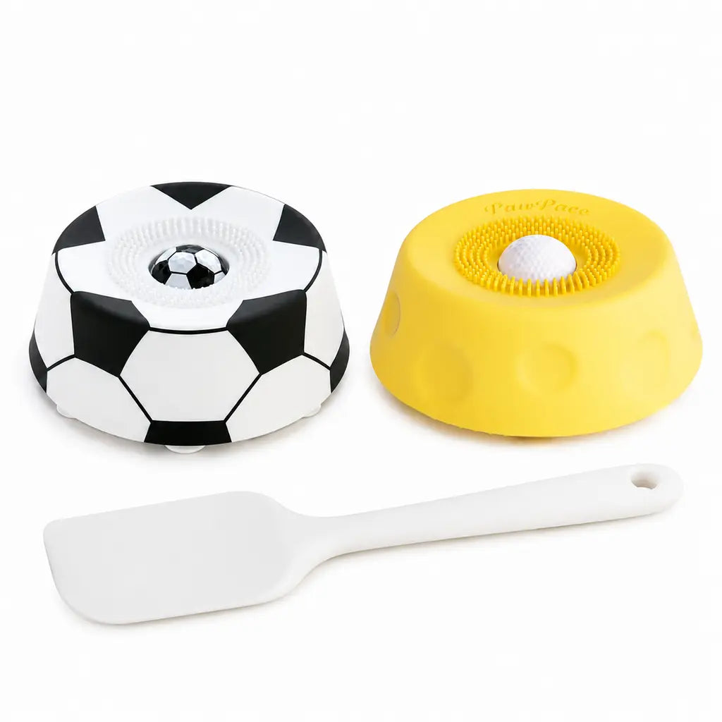 Pawpace Soccer Style Multi-Purpose Dog Bowl Set - Includes Free Peanut Butter Spatula, Slow Feeder, Lick Bowl Mat, 8 Suction Cups & No-Mess Liquid Treat Enrichment!
